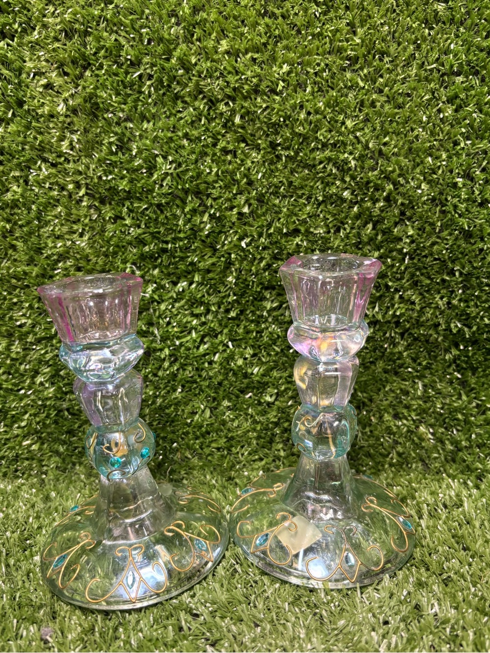 Vintage PartyLite Mardi Gras taper candle holders of iridescent, multi-colors